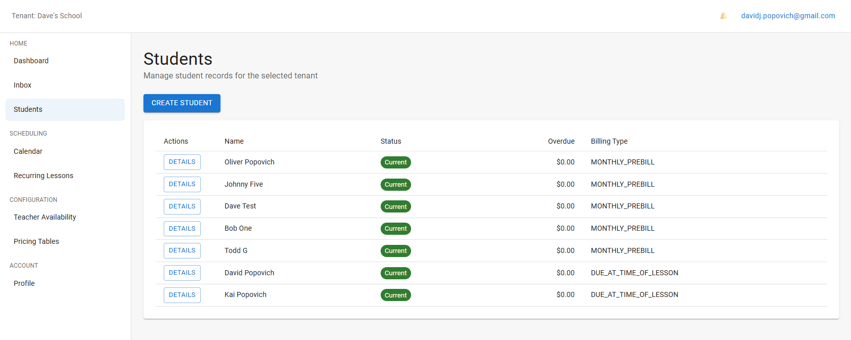 My Student Organizer student list and ledger view showing balances